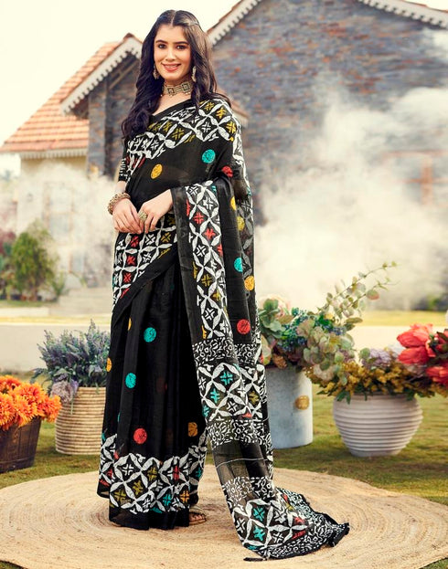 Sudathi Ready To Wear Black Printed Cotton Saree